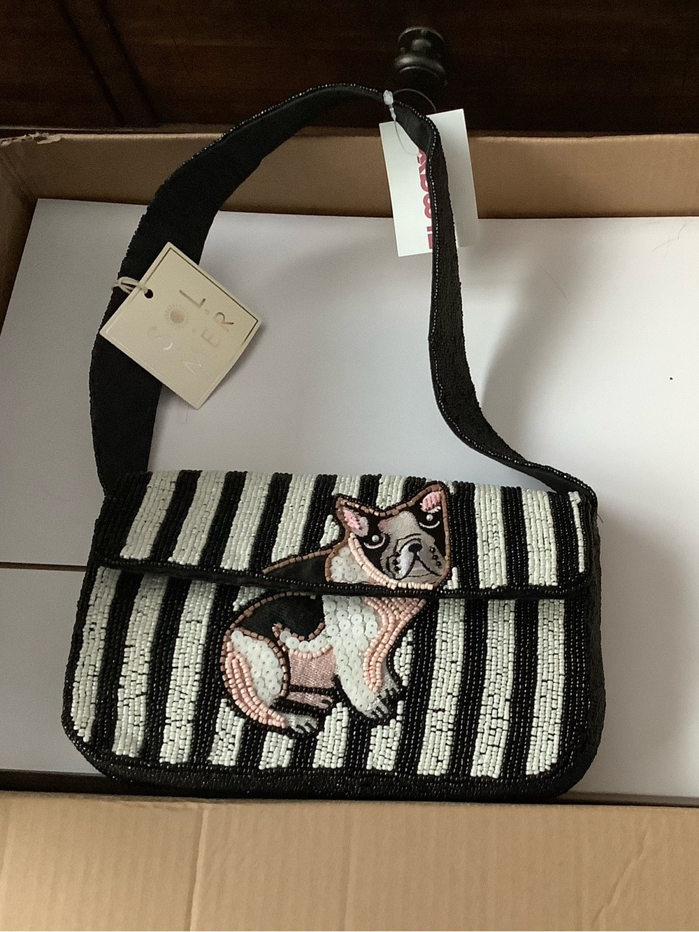 New fall bag! Beaded Black & White Striped Bag with Dog Motif